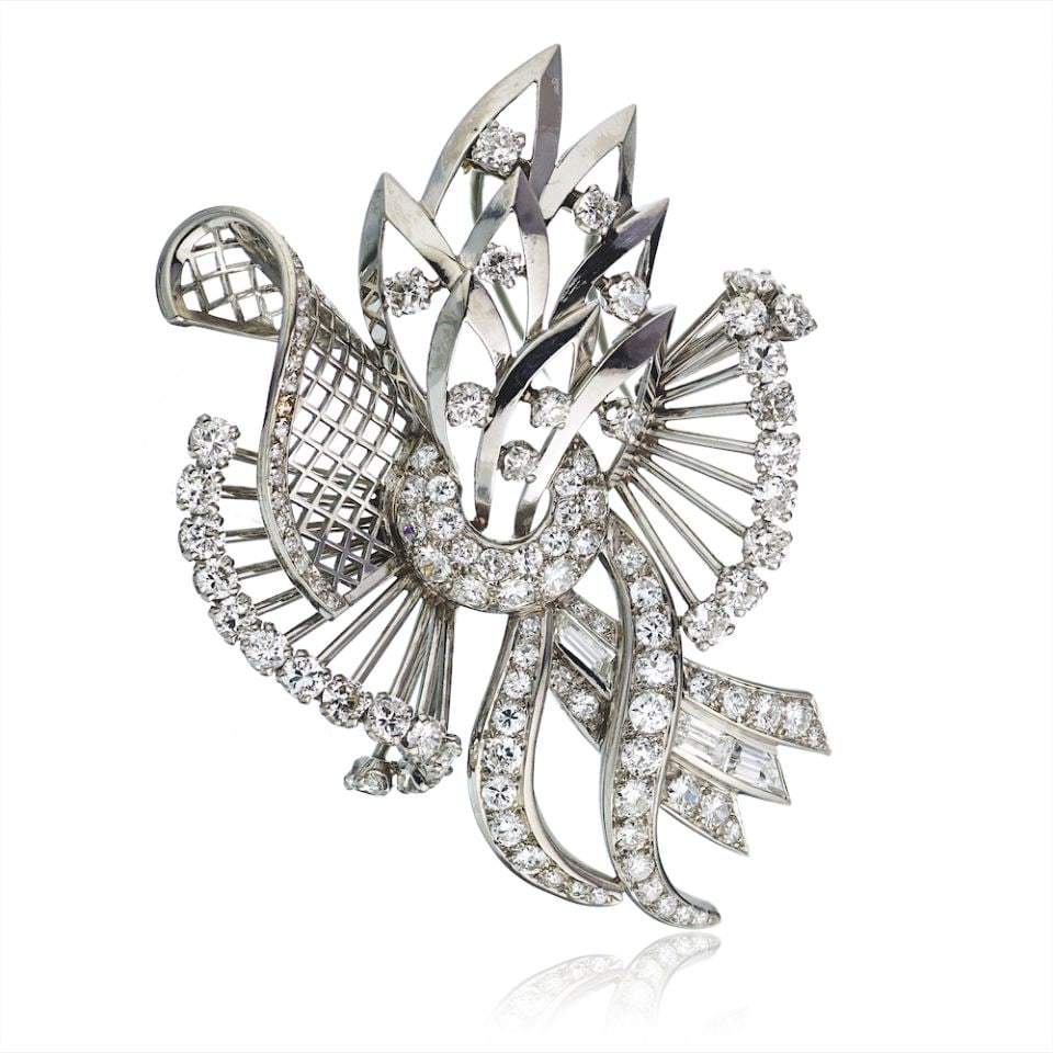 French 1950s Platinum Diamond Ribbon Spray Brooch 5.50 Carats (1 of 1)