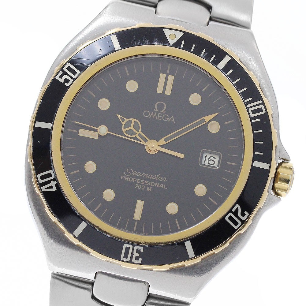 OMEGA Seamaster 200m men's quartz wristwatch black dial SS YG bezel: OMEGA Seamaster 200m men's quartz wristwatch black dial SS YG bezel Omega Seamaster 200m men's wristwatch with a large-size quartz movement and date function. It features a black dial, stainless steel