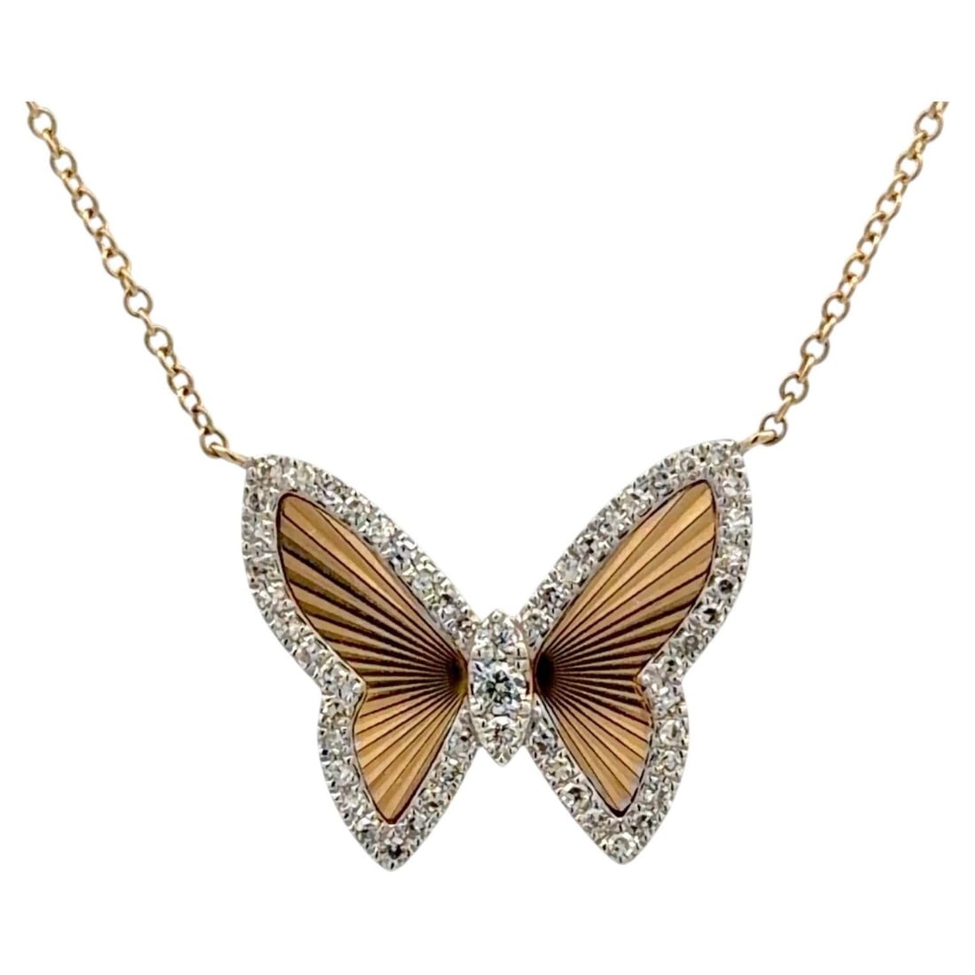 14K Two Tone Butterfly Diamond Pendant Necklace 0.26 Carat Chain Included: 14K Two Tone Butterfly Diamond Pendant Necklace 0.26 Carat Chain Included This elegant butterfly necklace is crafted from 14K yellow and rose gold, featuring a sculpted butterfly pendant adorned with 