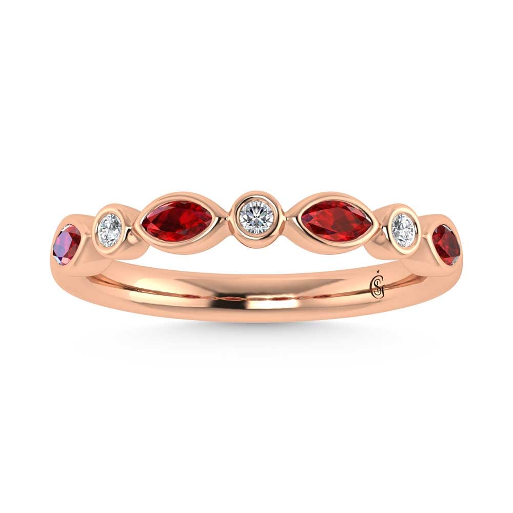 14K Rose Gold Diamond 1/2 Ct.Tw. Ruby and Diamond Band: 14K Rose Gold Diamond 1/2 Ct.Tw. Ruby and Diamond Band 14k Rose Gold Stone Color: G-h Stone Clarity: Si2 Each ring is presented in standard size 6.5. Complimentary resizing is available between sizes 