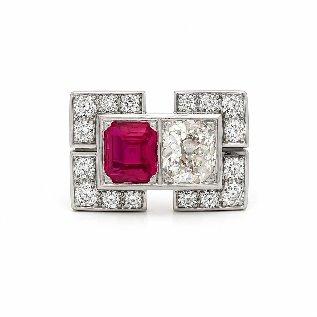 Art Deco platinum cocktail ring with 2.19ctw diamonds and ruby: Art Deco platinum cocktail ring with 2.19ctw diamonds and ruby Antique Art Deco geometric cocktail ring crafted in solid .850+ platinum. This women's ring features an old European cut center diamond a