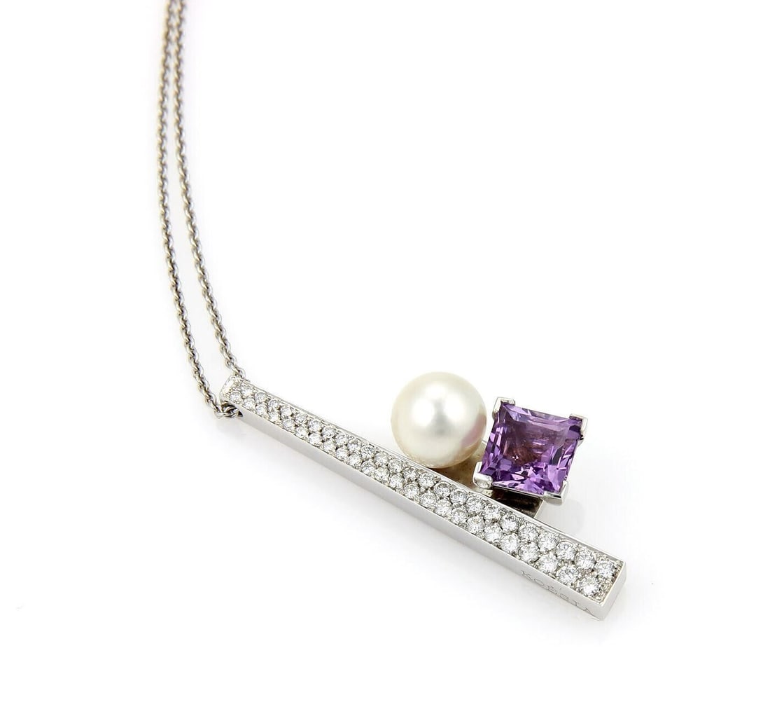 Koesia 18k White Gold Pendant Necklace with Diamond Amethyst Pearl 18": Koesia 18k White Gold Pendant Necklace with Diamond Amethyst Pearl 18" Pre-owned Koesia pendant necklace in 18k white gold, featuring an elongated design set with natural diamonds, a natural amethyst,