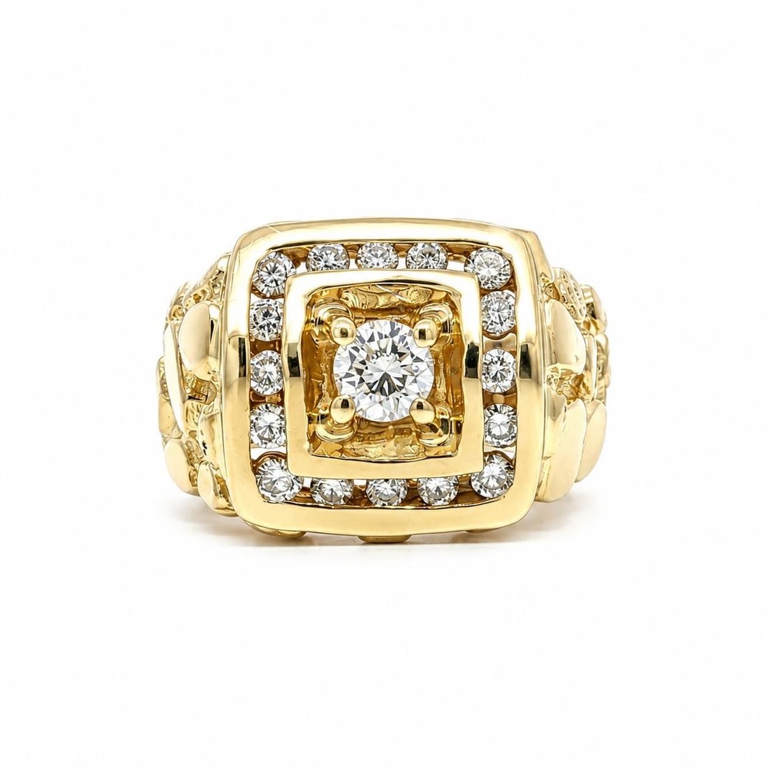 Mens Signet Ring 14k Yellow Gold 0.99ctw Diamond Nugget Texture Size 10 (1 of 9)