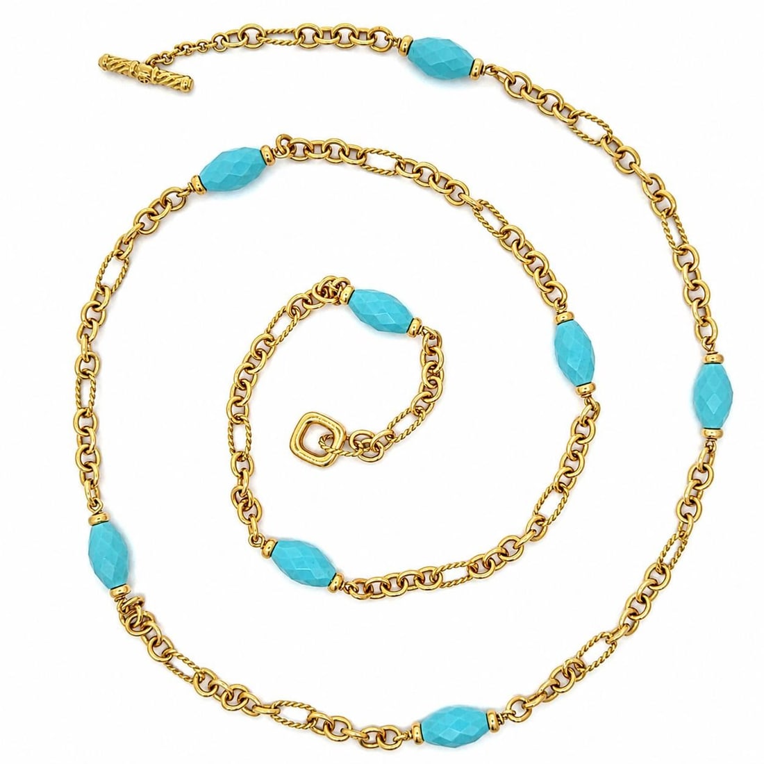 David Yurman Turquoise Station Chain Necklace 18k Yellow Gold 34in: David Yurman Turquoise Station Chain Necklace 18k Yellow Gold 34in David Yurman twisted cable and plain link station necklace crafted in solid 18k yellow gold and set with natural turquoise. This wome