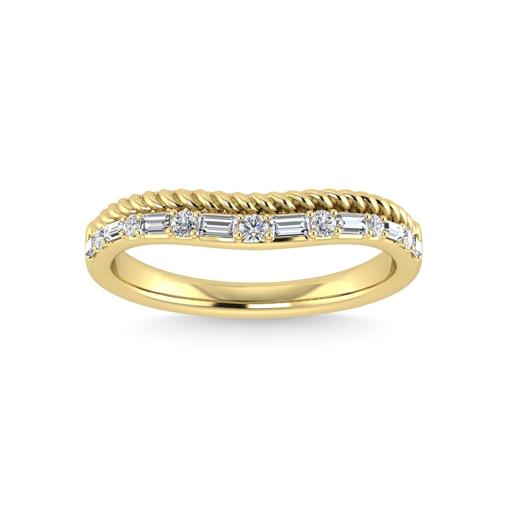 14K Two Tone Diamond 1/5 Ct.Tw. Curve Band: 14K Two Tone Diamond 1/5 Ct.Tw. Curve Band 14k Two Tone Stone Color: G-h Stone Clarity: I1 Each ring is presented in standard size 6.5. Complimentary resizing is available between sizes 510 (in 1/4 in