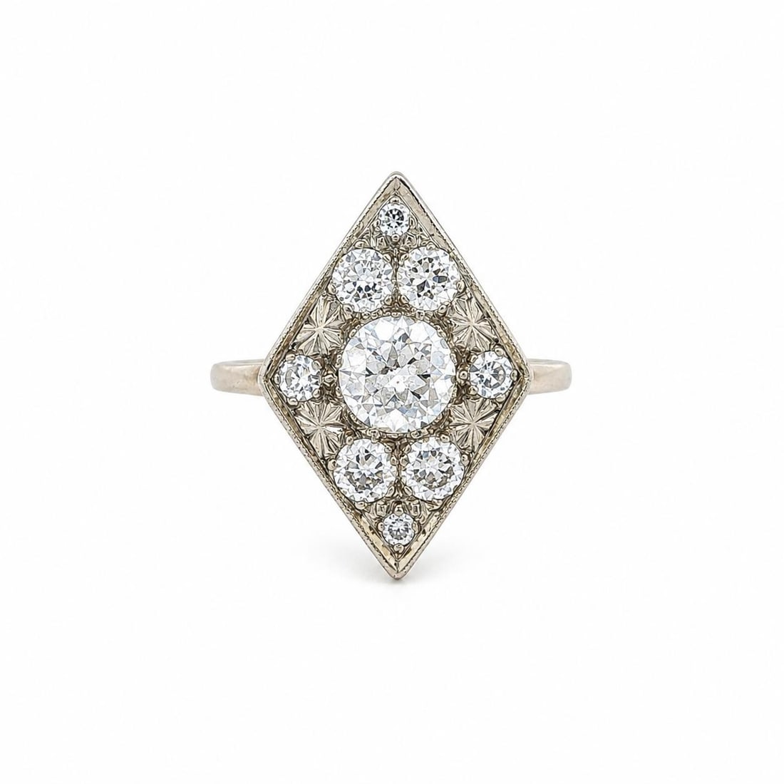 Art Deco 14k White Gold Diamond Cocktail Ring 1.59ctw Lozenge: Art Deco 14k White Gold Diamond Cocktail Ring 1.59ctw Lozenge Antique Art Deco dinner ring crafted in solid 14k white gold and set with natural diamonds in a lozenge platter design. This women's cockt