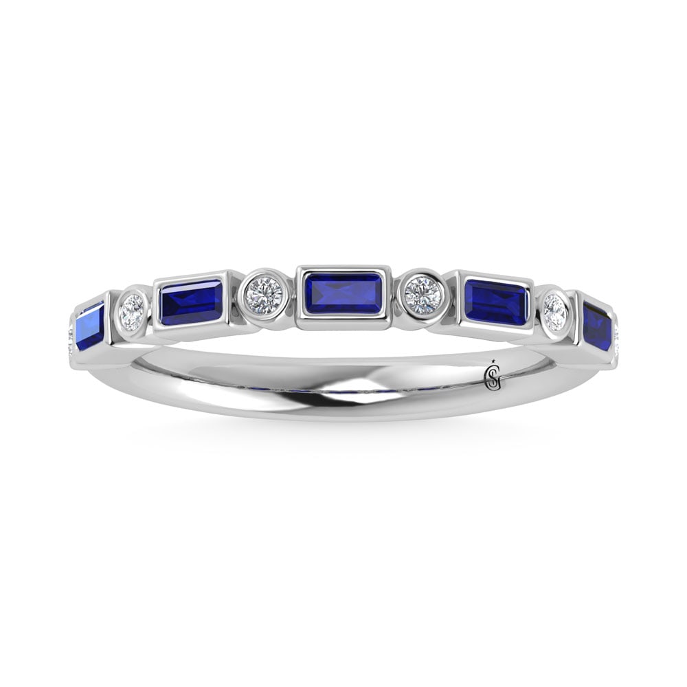 14K White Gold 3/8 Ct.Tw. Alternate Diamond and Blue Sapphire Stackable Band: 14K White Gold 3/8 Ct.Tw. Alternate Diamond and Blue Sapphire Stackable Band 14k White Gold Stone Color: G-h Stone Clarity: Aaa / Si2 Each ring is presented in standard size 6.5. Complimentary resizin