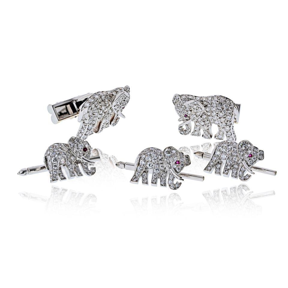Cartier Walking Elephant Dress Set 18K White Gold Diamond Cuff Links Studs: Cartier Walking Elephant Dress Set 18K White Gold Diamond Cuff Links Studs Rare Cartier dress set featuring Walking Elephant cuff links and four matching shirt studs. Crafted in 18K white gold, this p