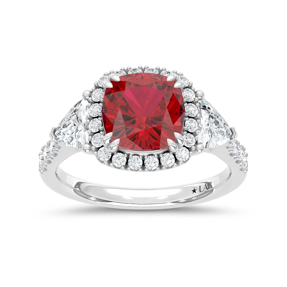 14K White Gold Lab Grown Diamond 4 Ct.Tw. Cushion Shape Recrystalized Ruby Engagement Ring (Center 2: 14K White Gold Lab Grown Diamond 4 Ct.Tw. Cushion Shape Recrystalized Ruby Engagement Ring (Center 2 3/4 ct) Exude elegance with this 14K white gold engagement ring, featuring a brilliant 2 3/4 ct cus