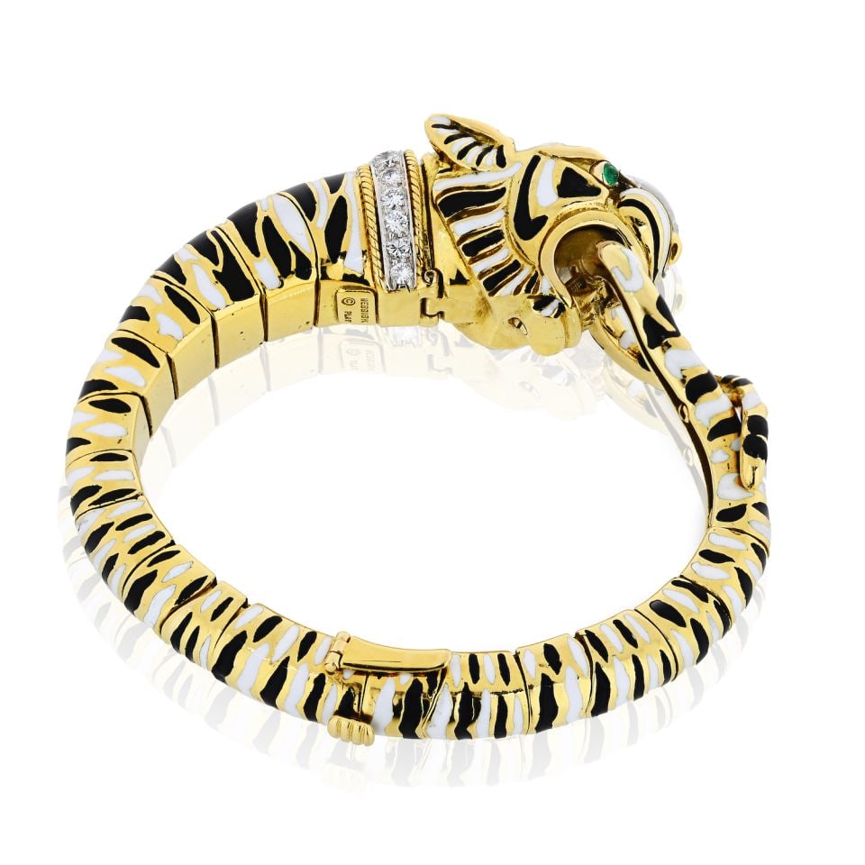 David Webb Tiger Bracelet Platinum 18K Gold Enamel Diamond Emerald: David Webb Tiger Bracelet Platinum 18K Gold Enamel Diamond Emerald This stunning David Webb bracelet showcases an exquisite tiger design, masterfully crafted from a combination of platinum and 18K yel
