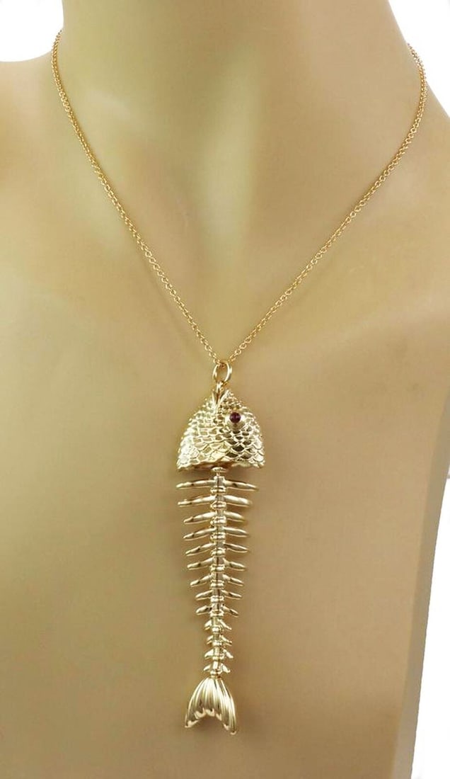 Tiffany & Co. Fish Bone Pendant Necklace in 18k Gold with Ruby (1 of 8)