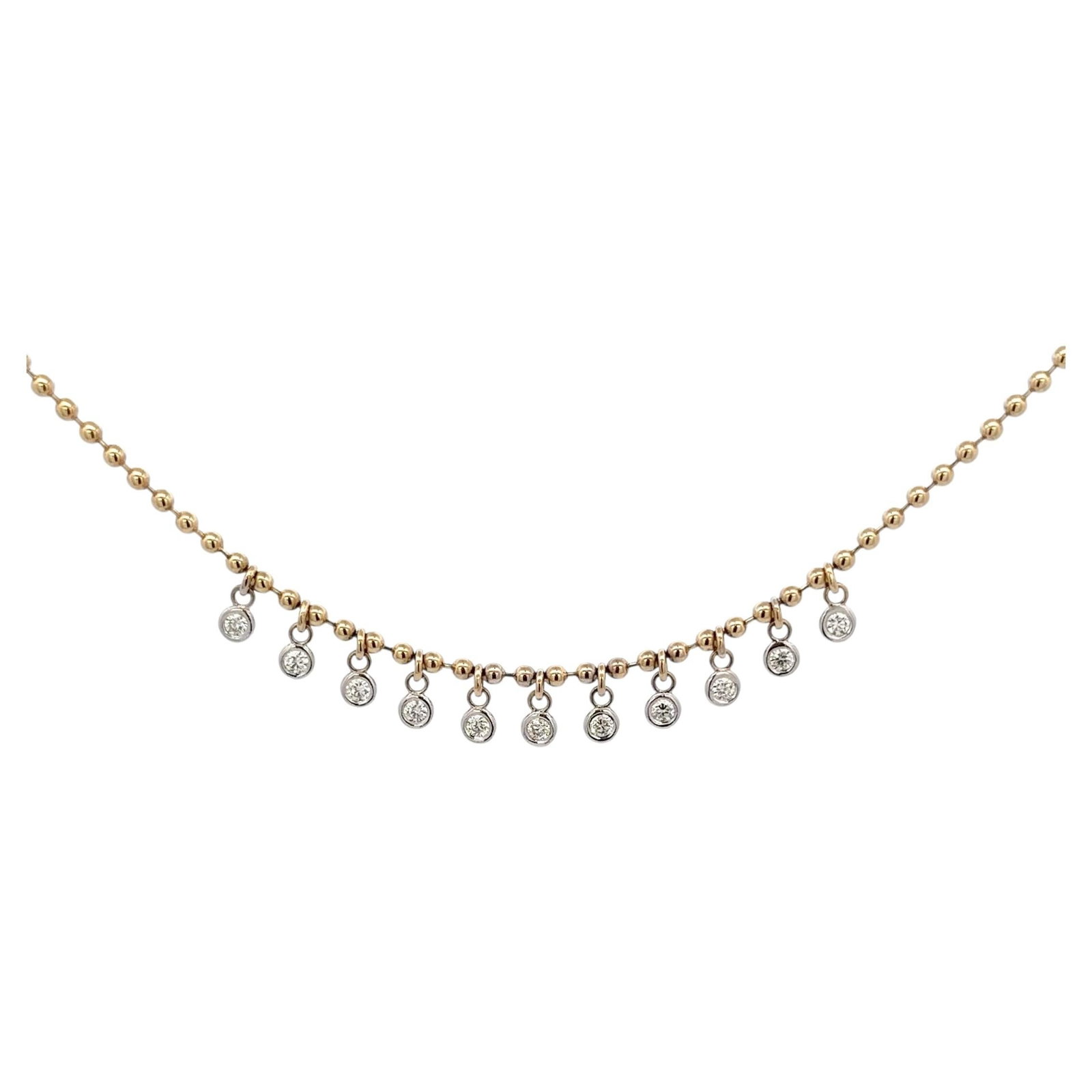 14K Yellow Gold Bezel Diamond Ball Chain Necklace: 14K Yellow Gold Bezel Diamond Ball Chain Necklace This 14K yellow gold necklace features 11 bezel-set round brilliant diamonds with a total weight of 0.36 carats, elegantly suspended from a polished g
