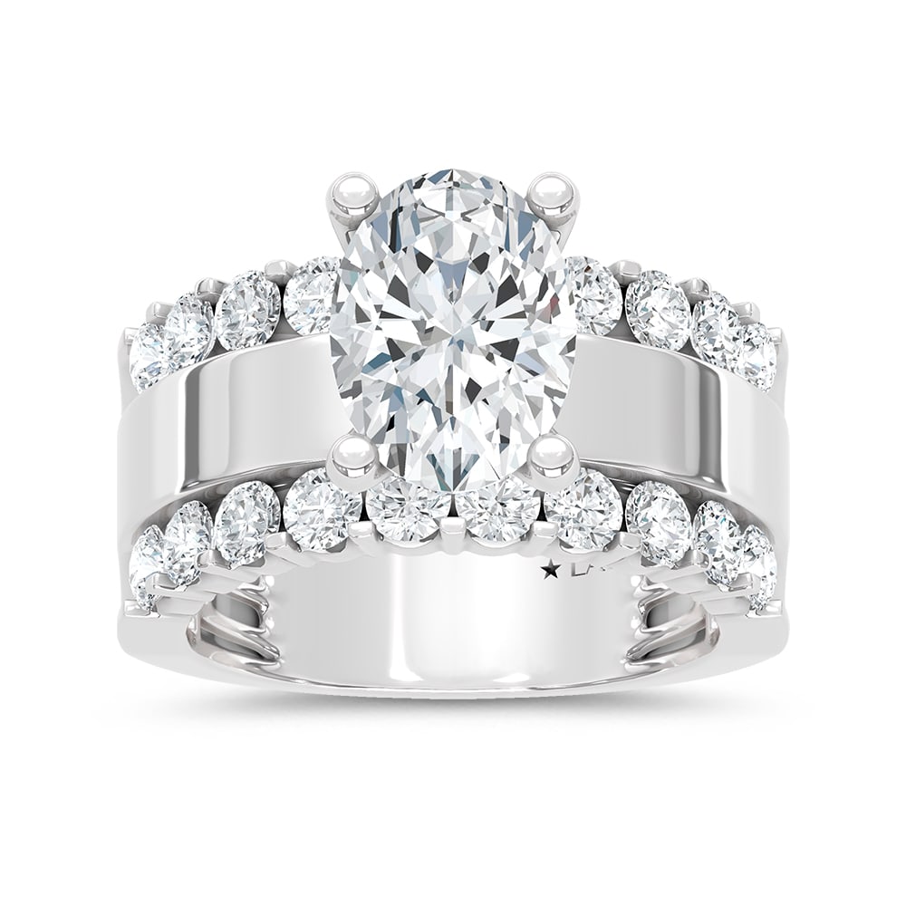 14K White Gold 4 1/2 Ct.Tw. Lab Grown Diamond Oval Shape Machine Ring (IGI Certified Center 3ct): 14K White Gold 4 1/2 Ct.Tw. Lab Grown Diamond Oval Shape Machine Ring (IGI Certified Center 3ct) 14k White Gold Stone Color: D-f Stone Clarity: Vs Each ring is presented in standard size 6.5. Complime