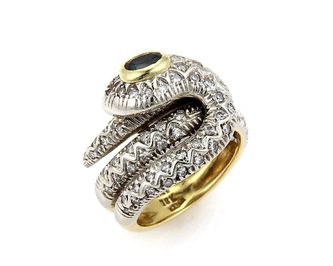 Vintage 18k Yellow White Gold Snake Ring with Diamonds Sapphires Size 6.5: Vintage 18k Yellow White Gold Snake Ring with Diamonds Sapphires Size 6.5 Vintage estate multi-row snake ring crafted in 18k yellow and white gold, accented with natural diamonds and natural blue sapp