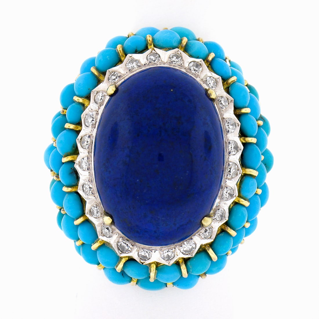 Vintage 10k Gold Lapis Turquoise Diamond Cocktail Ring 0.35ctw: Vintage 10k Gold Lapis Turquoise Diamond Cocktail Ring 0.35ctw This stunning vintage cocktail ring showcases a vibrant oval cabochon of natural Lapis Lazuli, measuring approximately 19.3 x 14 mm, surr