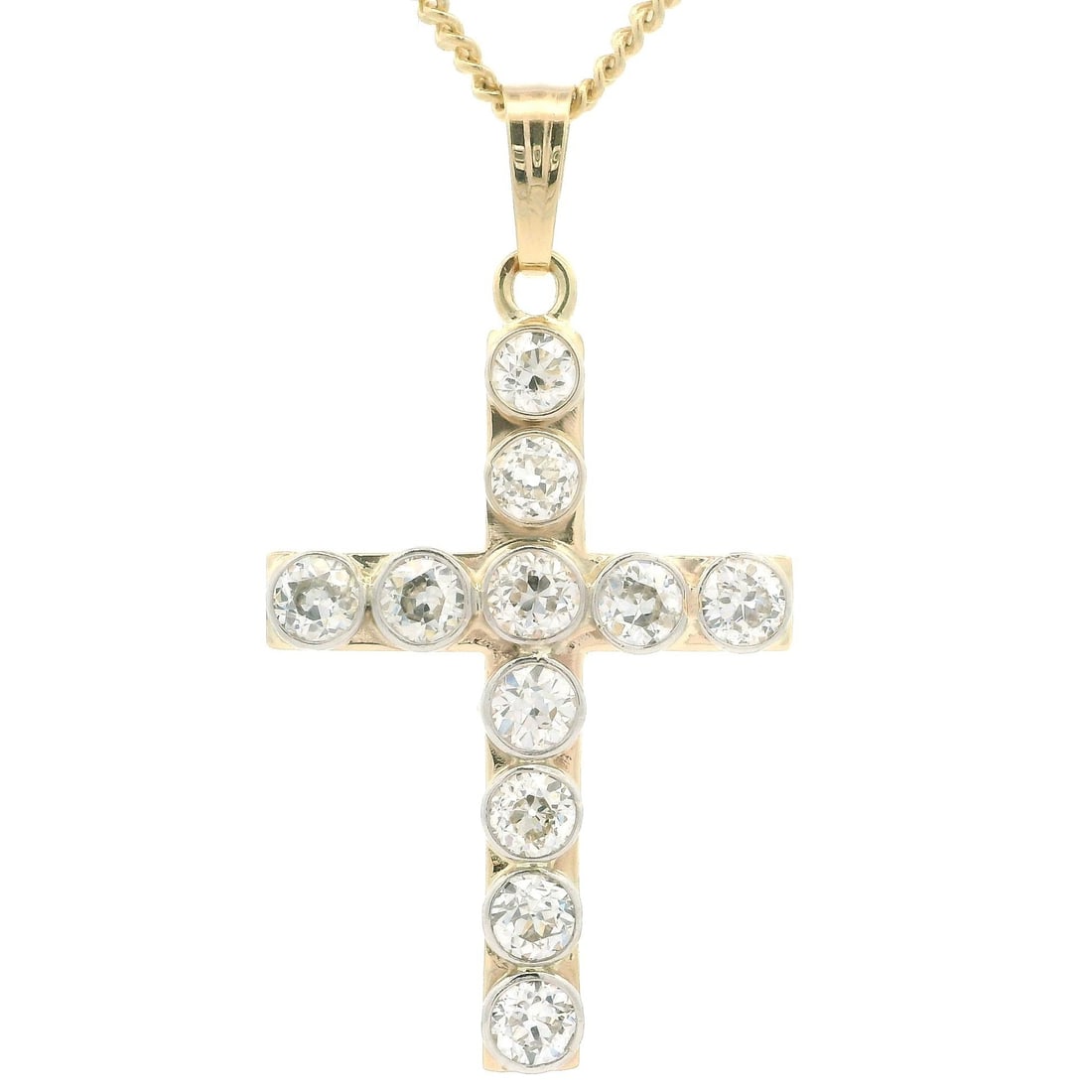 Antique 14k Gold Platinum Diamond 4.62ctw Cross Pendant Necklace: Antique 14k Gold Platinum Diamond 4.62ctw Cross Pendant Necklace This exquisite antique pendant necklace features a large cross design crafted from 14k solid yellow gold with a platinum overlay. It sh