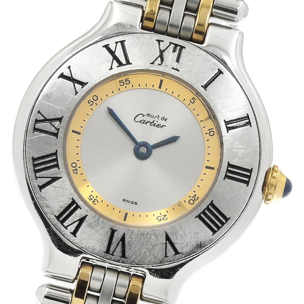 Cartier Must 21 Vingt-et-un Womens Quartz Wristwatch W10075F4: Cartier Must 21 Vingt-et-un Womens Quartz Wristwatch W10075F4 Pre-owned Cartier Must 21 Vingt-et-un quartz ladies wristwatch with a silver dial and Swiss origin. This watch shows visible wear througho