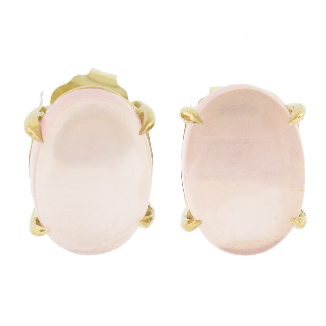 14K Yellow Gold 4.35ctw Oval Cabochon Pink Rose Quartz Stud Earrings: 14K Yellow Gold 4.35ctw Oval Cabochon Pink Rose Quartz Stud Earrings These stunning stud earrings are crafted in solid 14K yellow gold and feature two natural, oval cabochon cut rose quartz stones, ea