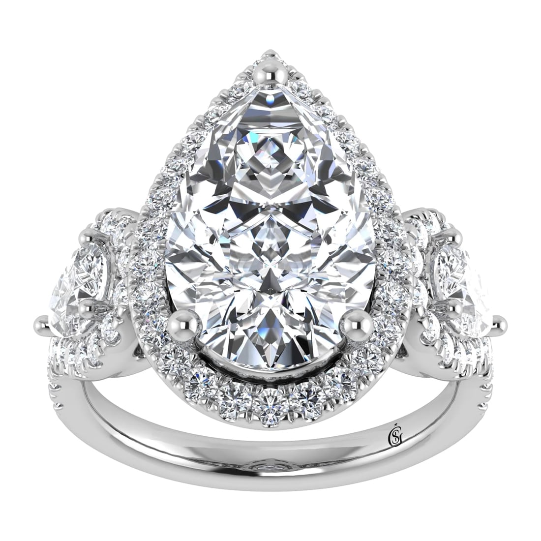 14K White Gold Lab Grown Diamond 5 1/4 Ct.Tw. Engagement Ring (IGI Certified Center 4ct): 14K White Gold Lab Grown Diamond 5 1/4 Ct.Tw. Engagement Ring (IGI Certified Center 4ct) This stunning three-stone ring features a sparkling 4 CT Pear Center diamond with two shimmering side diamonds,