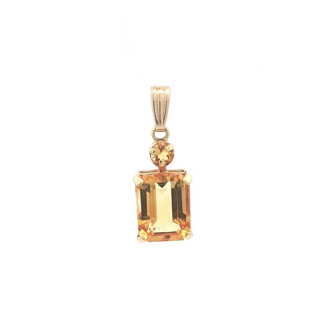 Petite 14k Yellow Gold Pendant with Emerald Cut and Round Citrine: Petite 14k Yellow Gold Pendant with Emerald Cut and Round Citrine Petite pendant crafted in solid 14k yellow gold and set with two natural genuine citrine stones in orangy yellow color. The design fea