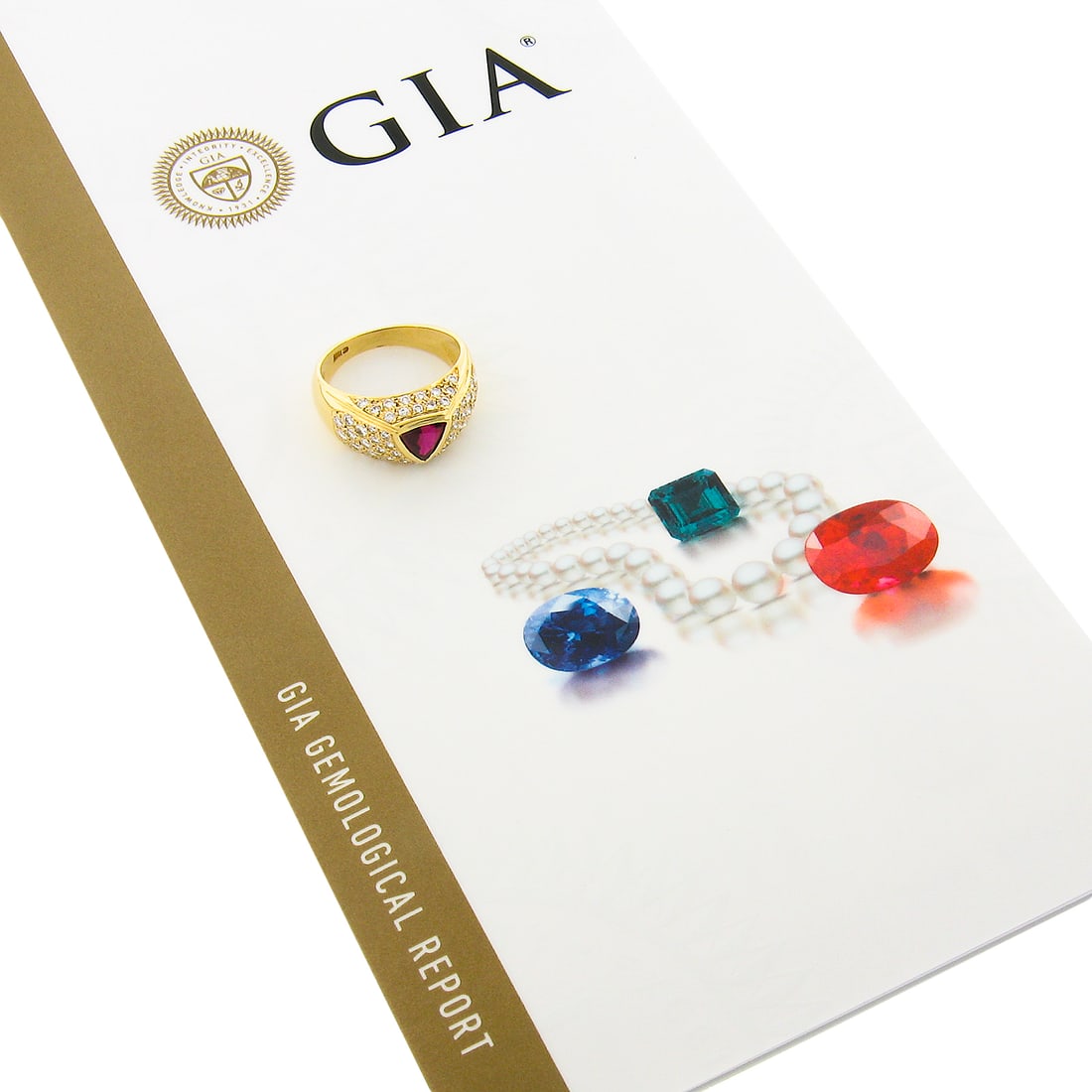 18K Yellow Gold GIA Triangular Ruby Diamond Pave Band Ring: 18K Yellow Gold GIA Triangular Ruby Diamond Pave Band Ring This stunning 18K Yellow Gold ring showcases a GIA certified triangular cut ruby at its center, radiating a vivid red hue. The ruby, weighing