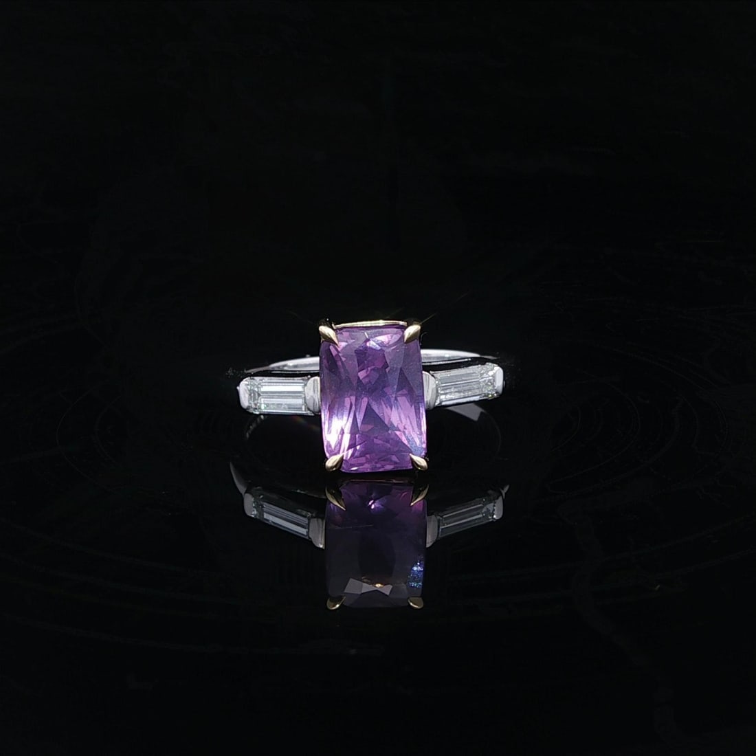 GIA Certified 3.53ct Pink Purple Sapphire Diamond Ring in Platinum Gold: GIA Certified 3.53ct Pink Purple Sapphire Diamond Ring in Platinum Gold This stunning ring features a natural, elongated pink-purple sapphire, expertly cut in a long rectangular brilliant style with r