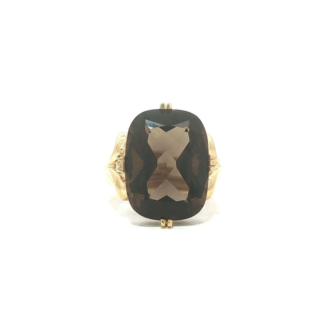 Unbranded 14k Yellow Gold Ring with Cushion Smokey Quartz Solitaire: Unbranded 14k Yellow Gold Ring with Cushion Smokey Quartz Solitaire A women's solitaire ring crafted in solid 14k yellow gold, featuring one natural genuine smokey quartz in a cushion cut and prong se