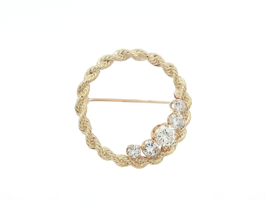 Circular Wreath Diamond Brooch 14k Yellow Gold Twisted Rope Frame (1 of 5)