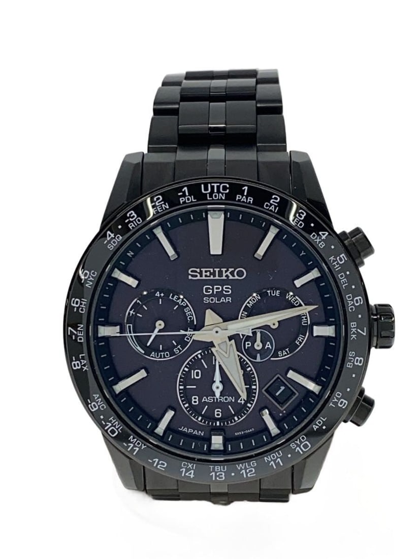 Seiko Astron black titanium GPS solar men's wristwatch 5X53-0AB0: Seiko Astron black titanium GPS solar men's wristwatch 5X53-0AB0 This SEIKO Astron men's wristwatch features an all-black titanium case and band, offering a modern and durable design. The watch is equ