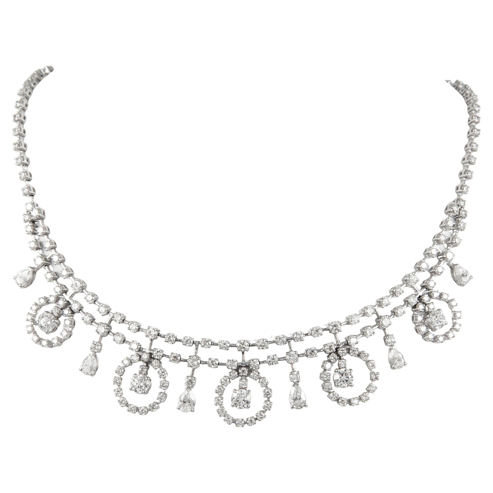 15.33ct Diamond Drop Necklace in 18k White Gold with Pear and Round Diamonds: 15.33ct Diamond Drop Necklace in 18k White Gold with Pear and Round Diamonds This stunning 15.33 ct diamond drop necklace features an exquisite combination of pear and round diamonds, expertly set in 