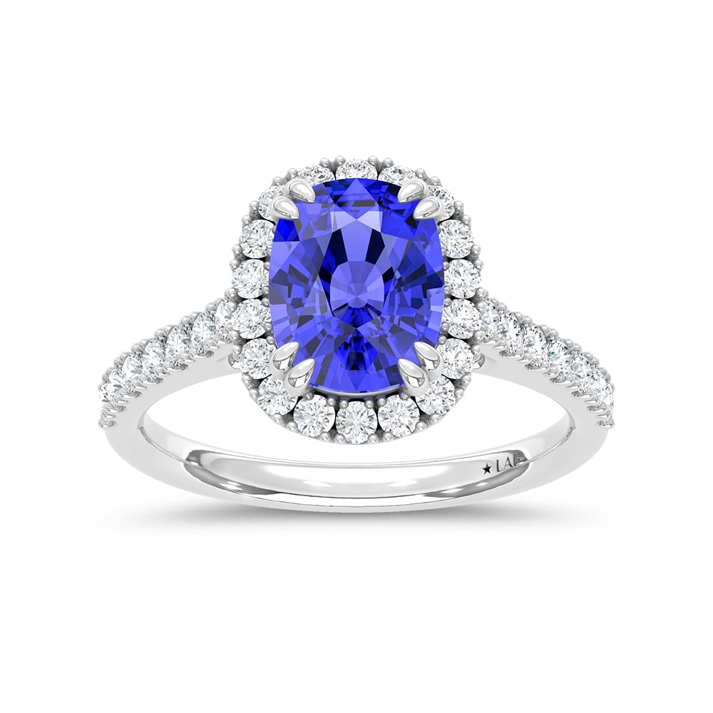 14K White Gold Lab Grown Diamond 3 5/8 Ct.Tw. Cushion Shape Recrystalized Blue Sapphire Engagement: 14K White Gold Lab Grown Diamond 3 5/8 Ct.Tw. Cushion Shape Recrystalized Blue Sapphire Engagement Ring (Center 3 ct) Exude timeless elegance with this 14K white gold engagement ring. Its centerpiece 