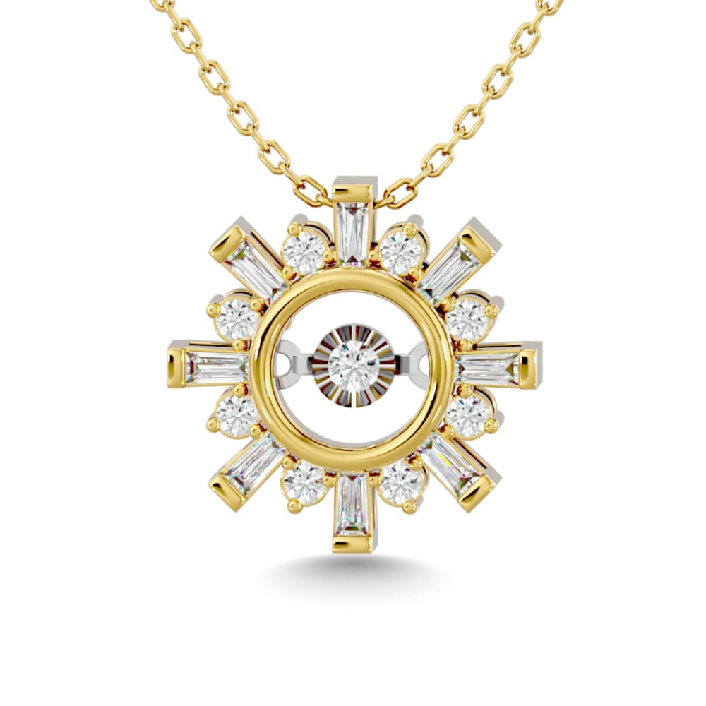 Diamond 1/4 Ct.Tw. Shimmering Pendant in 14K Yellow Gold: Diamond 1/4 Ct.Tw. Shimmering Pendant in 14K Yellow Gold 14k Yellow Gold Stone Color: G-h Stone Clarity: I1 Unless otherwise specified, pendants that include a chain are paired with our standard 18-in