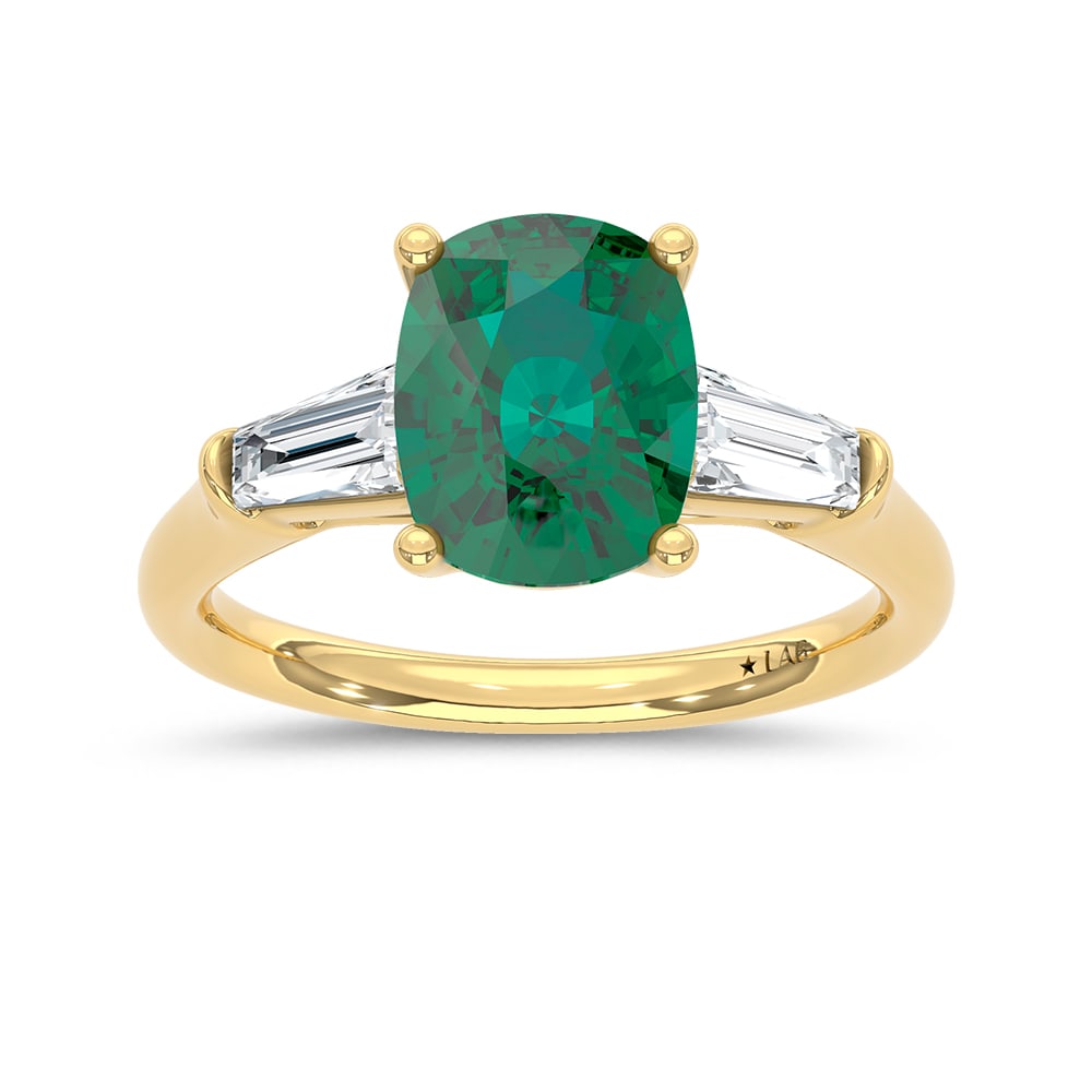 14K Yellow Gold Lab Grown Diamond 2 3/4 Ct.Tw. Cushion Shape Recrystalized Emerald Engagement Ring: 14K Yellow Gold Lab Grown Diamond 2 3/4 Ct.Tw. Cushion Shape Recrystalized Emerald Engagement Ring (Center 2 ct) Exquisite craftsmanship meets timeless beauty. This 14K yellow gold engagement ring sho