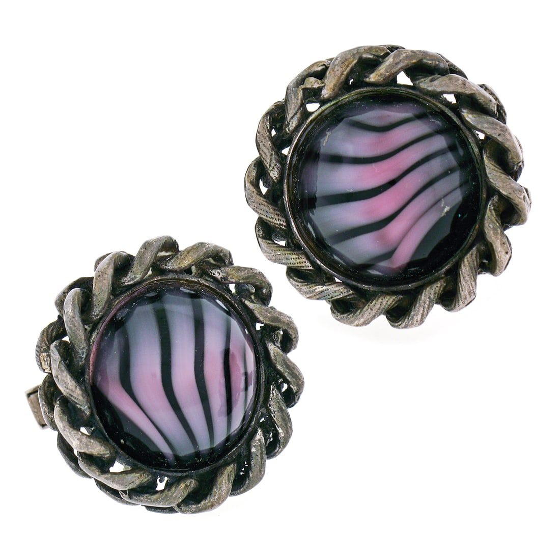 Charles Walker sterling silver cufflinks with colored glass chain frame: Charles Walker sterling silver cufflinks with colored glass chain frame Vintage Charles Walker cufflinks crafted in solid .925 sterling silver with domed multi-colored glass centers and a chain link f