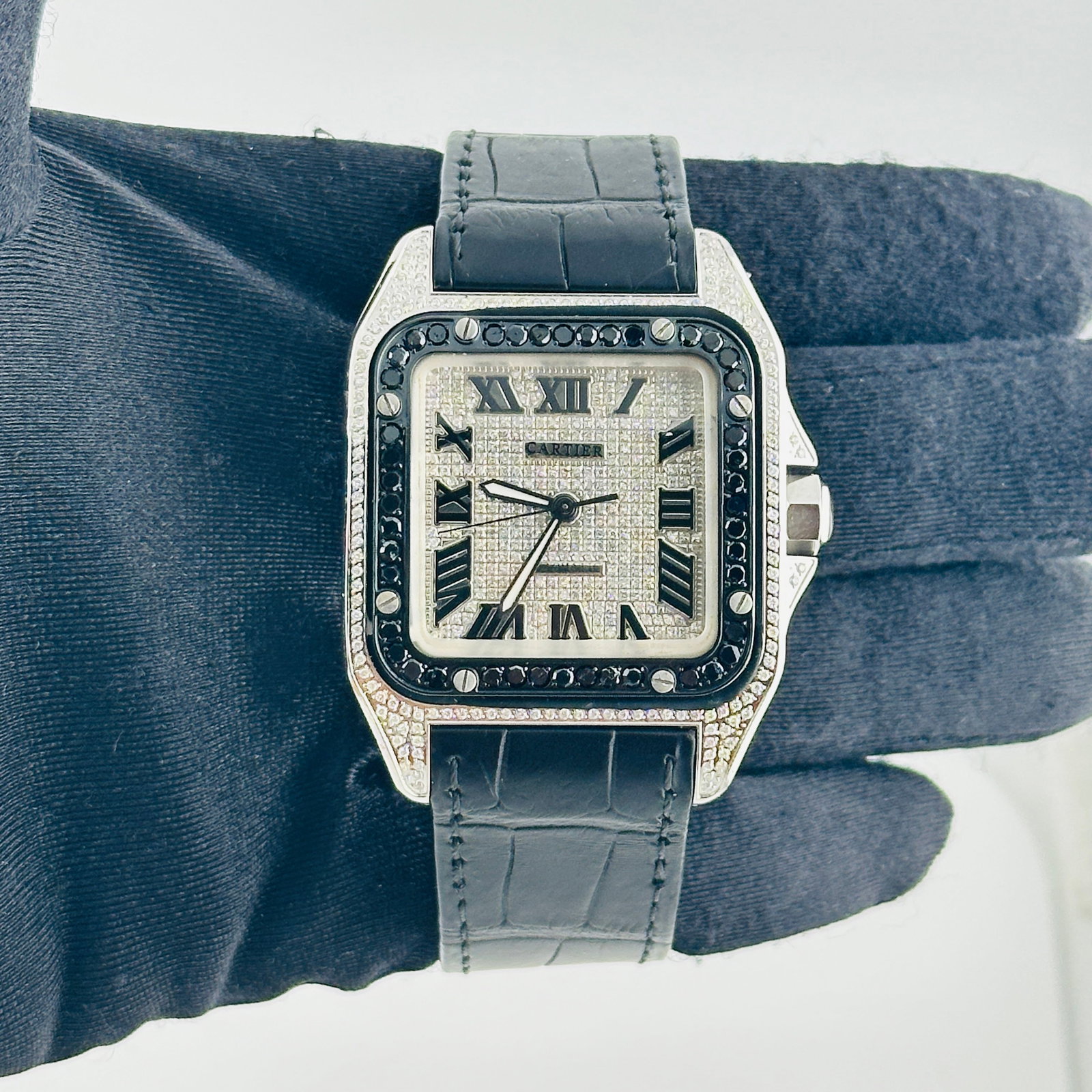 Cartier Santos Ref 2656 Mens Watch aftermarket iced Roman dial leather papers: Cartier Santos Ref 2656 Mens Watch aftermarket iced Roman dial leather papers This Cartier Santos watch features an aftermarket iced-out Roman dial, a diamond bezel, and comes with its original leathe