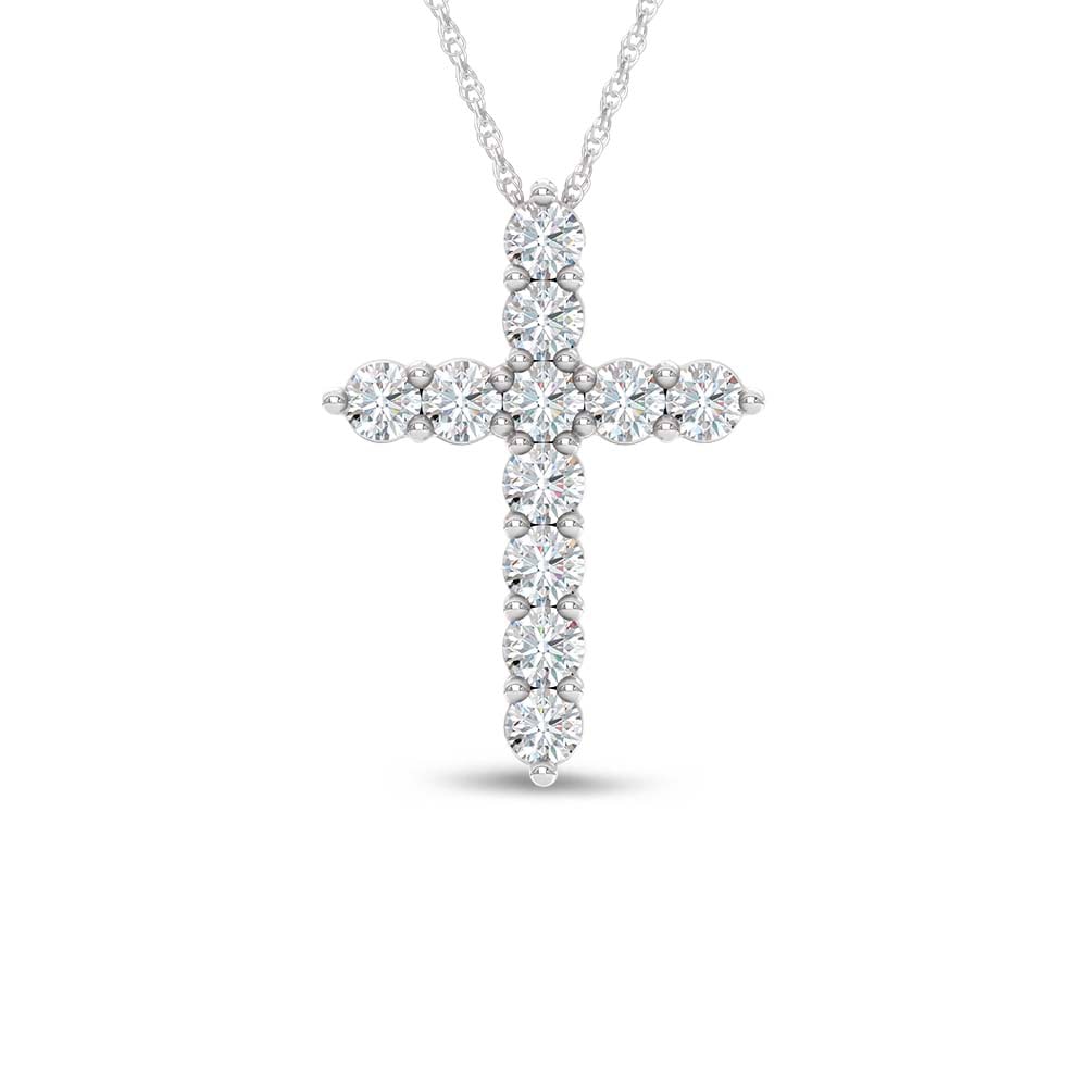 14K White Gold Lab Grown Diamond 2 Ct.Tw. Cross Pendant: 14K White Gold Lab Grown Diamond 2 Ct.Tw. Cross Pendant Elegant 10K white gold cross pendant featuring lab-grown diamonds totaling 2 carat total weight. 14k White Gold Stone Color: D-f Stone Clarity: 