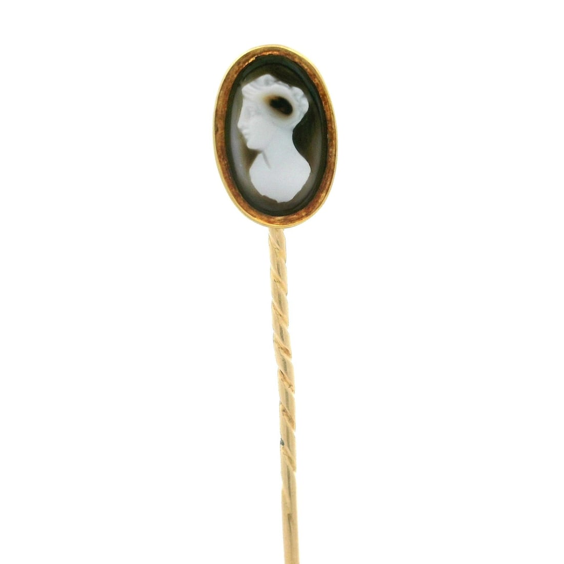 Victorian 18k Gold Agate Cameo Stick Pin Antique Collectible: Victorian 18k Gold Agate Cameo Stick Pin Antique Collectible This exquisite antique Victorian collectible features a petite stick pin crafted from solid 18k yellow gold. At the centerpiece is a natura