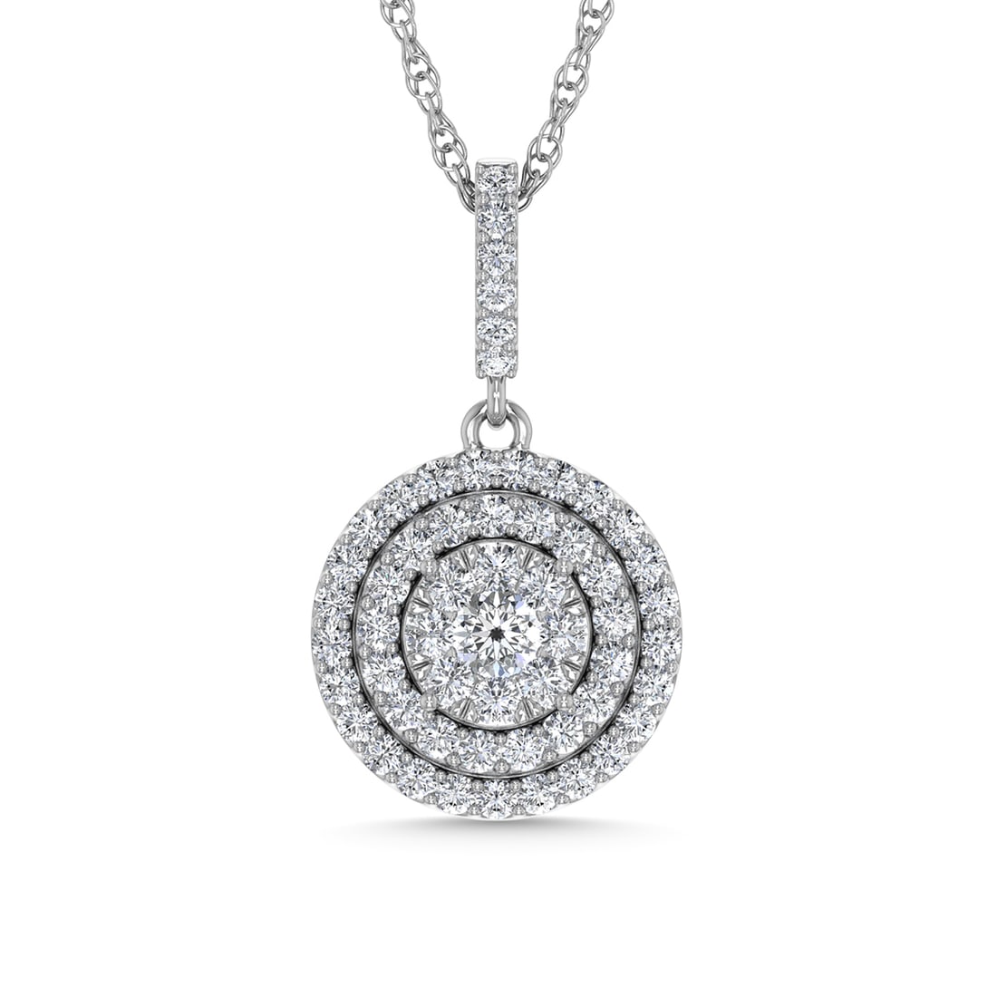 Diamond 3/4 Ct.Tw. Fashion Pendant in 14K White Gold: Diamond 3/4 Ct.Tw. Fashion Pendant in 14K White Gold 14k White Gold Stone Color: G-h Stone Clarity: I1 Unless otherwise specified, pendants that include a chain are paired with our standard 18-inch le