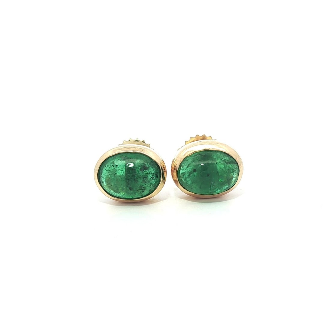 18k Yellow Gold 4.19ctw Oval Cabochon Emerald Stud Earrings: 18k Yellow Gold 4.19ctw Oval Cabochon Emerald Stud Earrings These exquisite stud earrings are crafted from solid 18k yellow gold and feature two natural genuine emeralds. Each emerald is an oval caboc