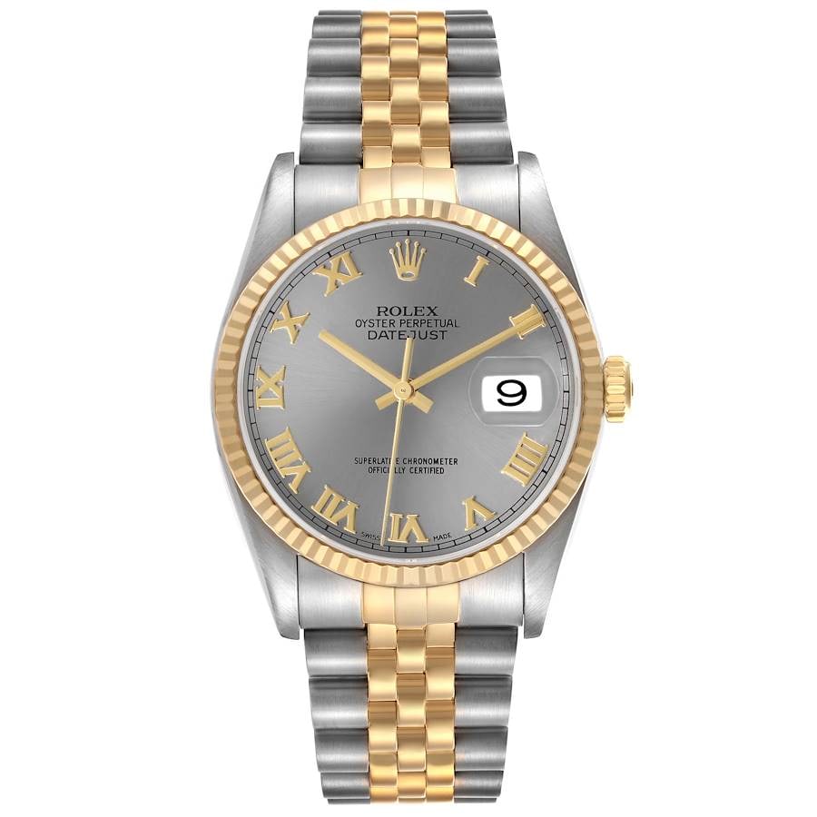 Rolex 16233 Datejust mens watch silver Roman dial Jubilee bracelet: Rolex 16233 Datejust mens watch silver Roman dial Jubilee bracelet Mens Rolex Datejust watch, reference 16233, with a silver Roman dial, fluted bezel, and D-Link Jubilee bracelet. The listing identifi