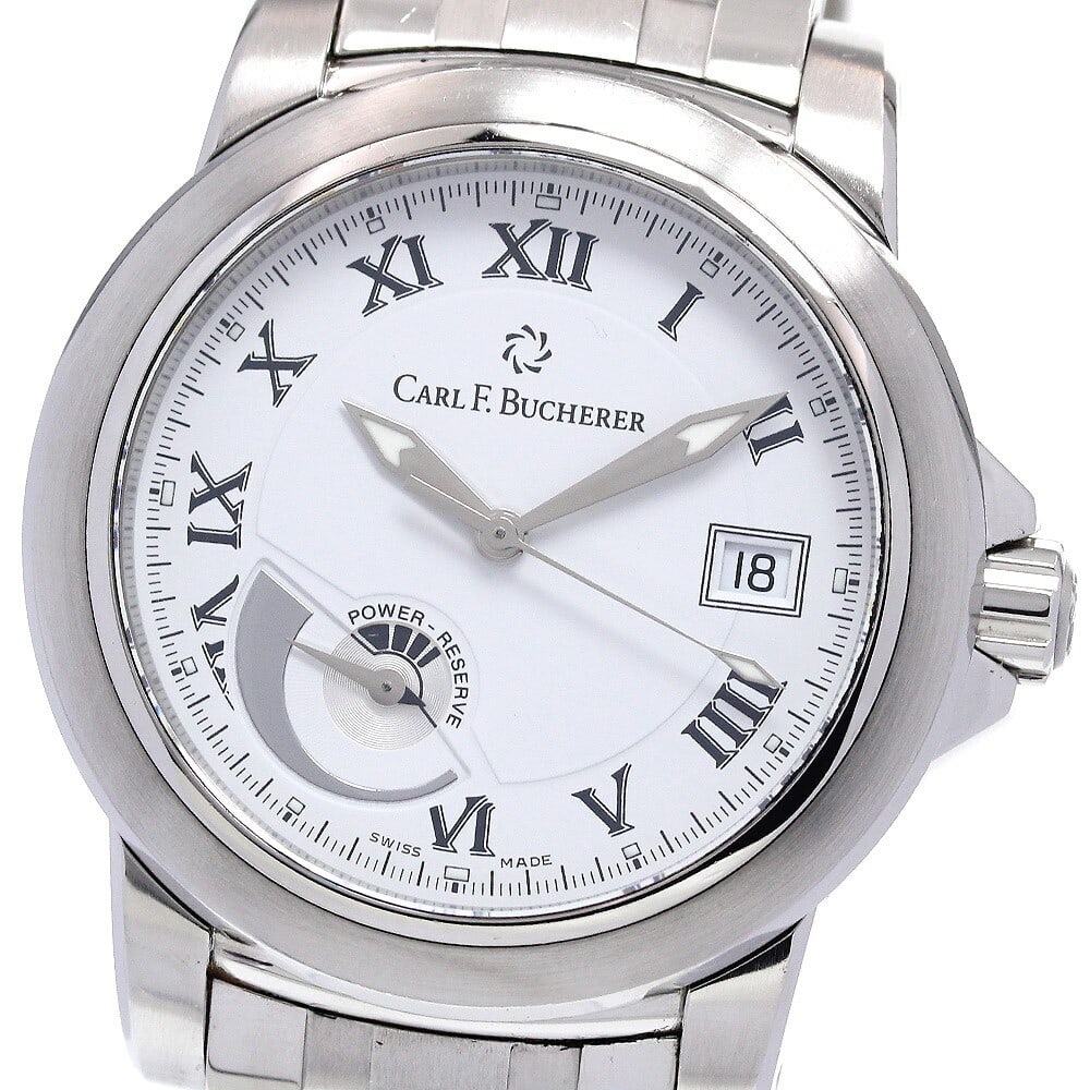 Carl F Bucherer Patravi automatic mens wristwatch ref 10616.08A power reserve: Carl F Bucherer Patravi automatic mens wristwatch ref 10616.08A power reserve This pre-owned Carl F. Bucherer Patravi men's wristwatch features a stainless steel case and band with a silver dial. It i