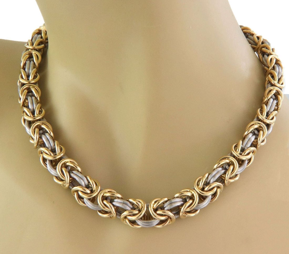 ROM Germany Byzantine Link Necklace in 18k Gold and Platinum 127.4g: ROM Germany Byzantine Link Necklace in 18k Gold and Platinum 127.4g Signed ROM Germany Byzantine link necklace crafted in 18k yellow gold and platinum. The sculptural link design features fluted plati