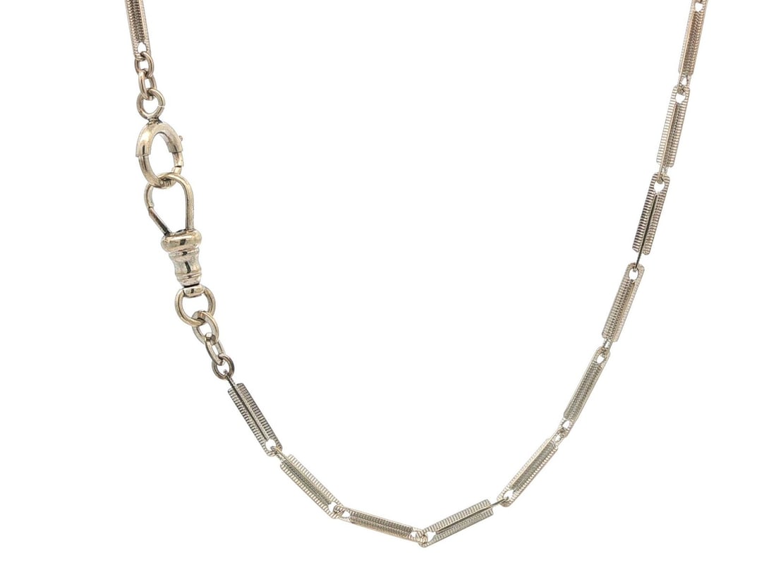 13in Art Deco White Gold Bar Link Watch Chain Necklace: 13in Art Deco White Gold Bar Link Watch Chain Necklace Antique Art Deco watch chain necklace in solid white gold with a fine detailed four-sided bar link design. This unisex piece features a spring ri