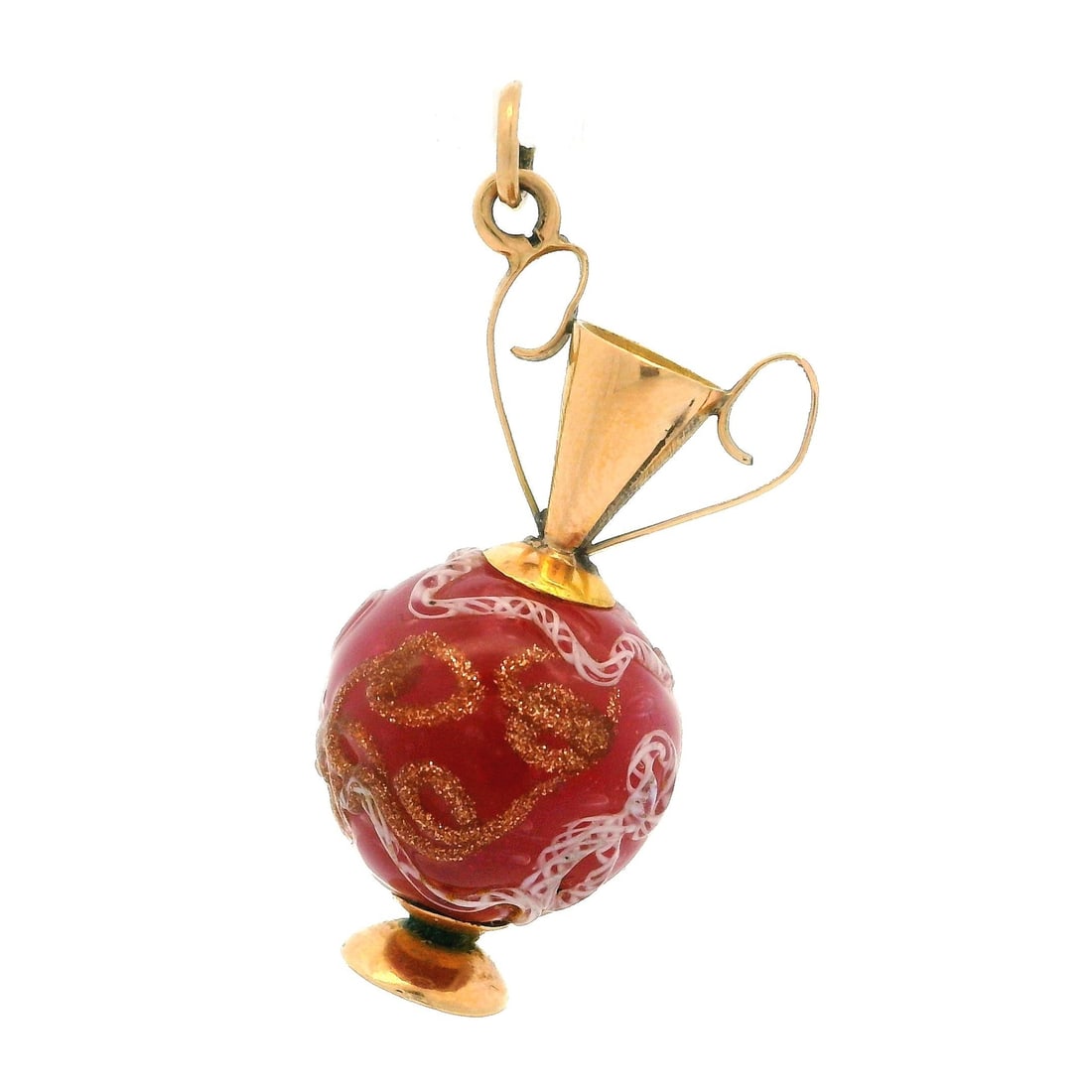 14k Yellow Gold Vase Charm with Pink Stone: 14k Yellow Gold Vase Charm with Pink Stone This vintage charm pendant features a hand-painted round pink stone with a dusty rose hue, accented by white and gold glitter designs. The stone is set in a 
