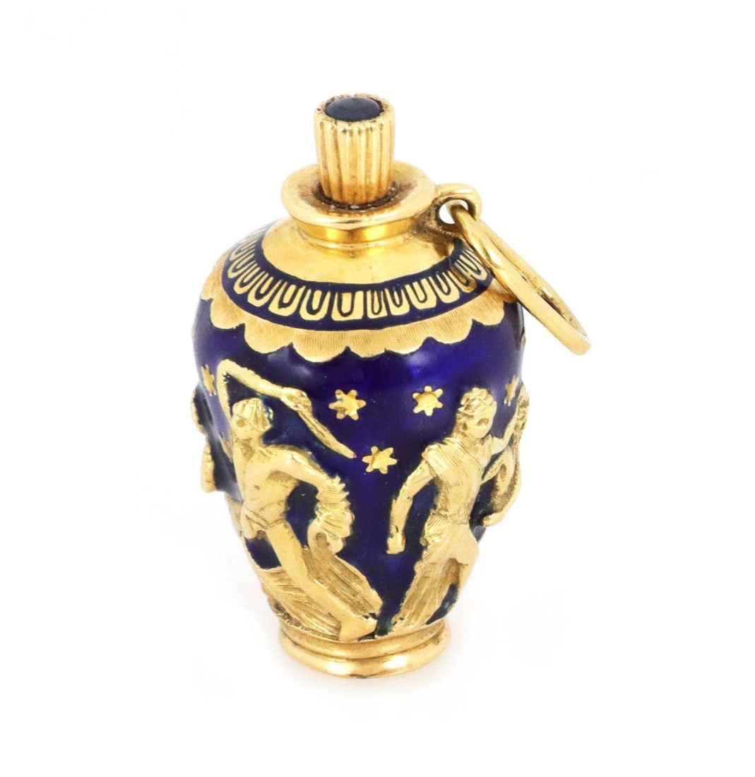 18k Yellow Gold Urn Pendant Blue Enamel Sapphire Greek Figure Motif: 18k Yellow Gold Urn Pendant Blue Enamel Sapphire Greek Figure Motif This exquisite vintage pendant is meticulously crafted from 18k yellow gold and showcases a beautifully designed urn adorned with co