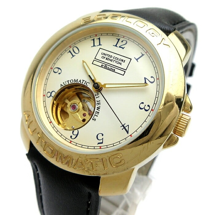 Bulova Benetton Ecology Automatic Men's Wristwatch See Through Back: Bulova Benetton Ecology Automatic Men's Wristwatch See Through Back This Bulova Ecology Men's wristwatch is a rare collaboration with United Colors of Benetton. It features an off-white dial with