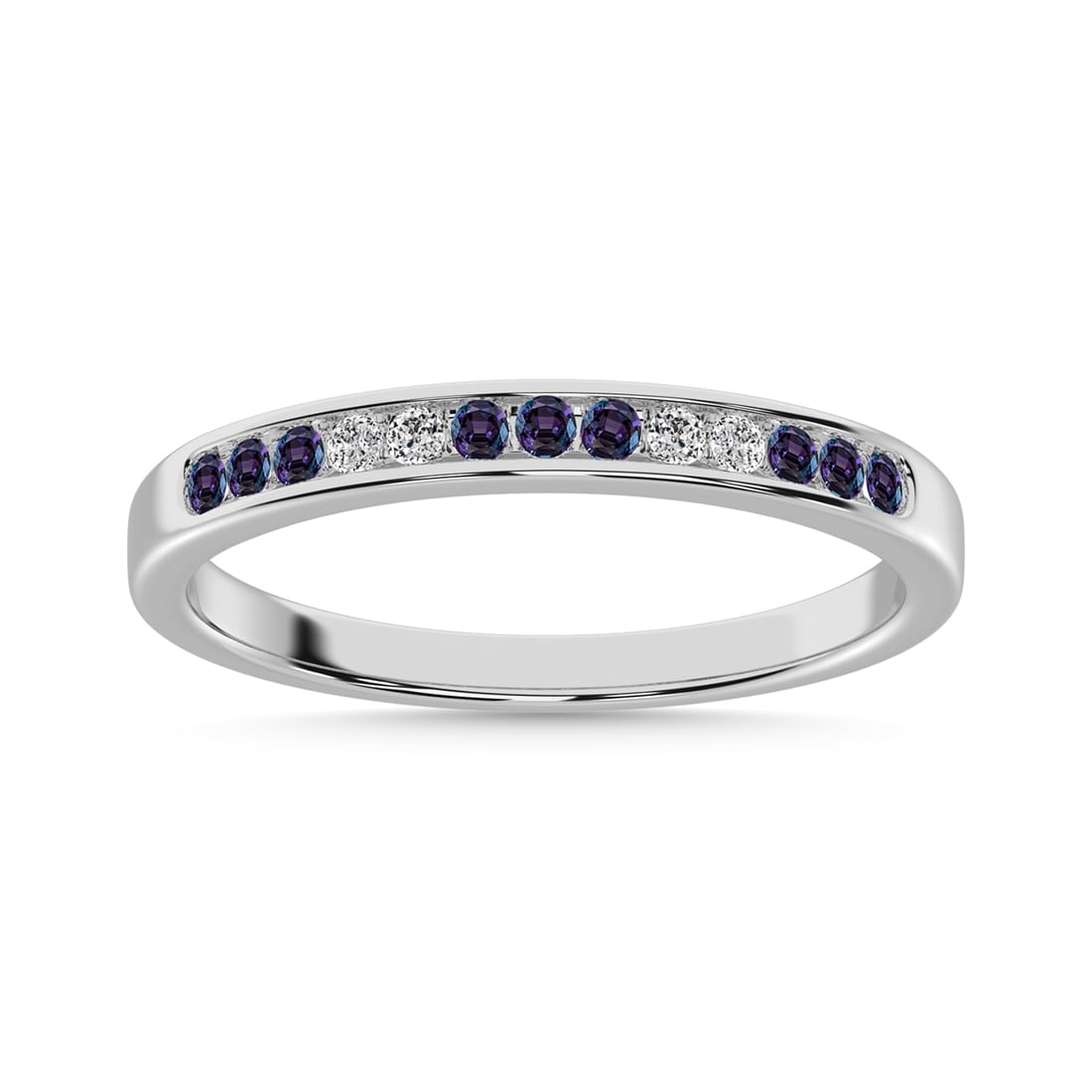 Synthetic Alexandrite and Alternate Diamond 1/4 Ct.Tw. Ladies Machine Band in 14K White Gold: Synthetic Alexandrite and Alternate Diamond 1/4 Ct.Tw. Ladies Machine Band in 14K White Gold 14k White Gold Stone Color: G-h Stone Clarity: Si2 Each ring is presented in standard size 6.5. Complimenta