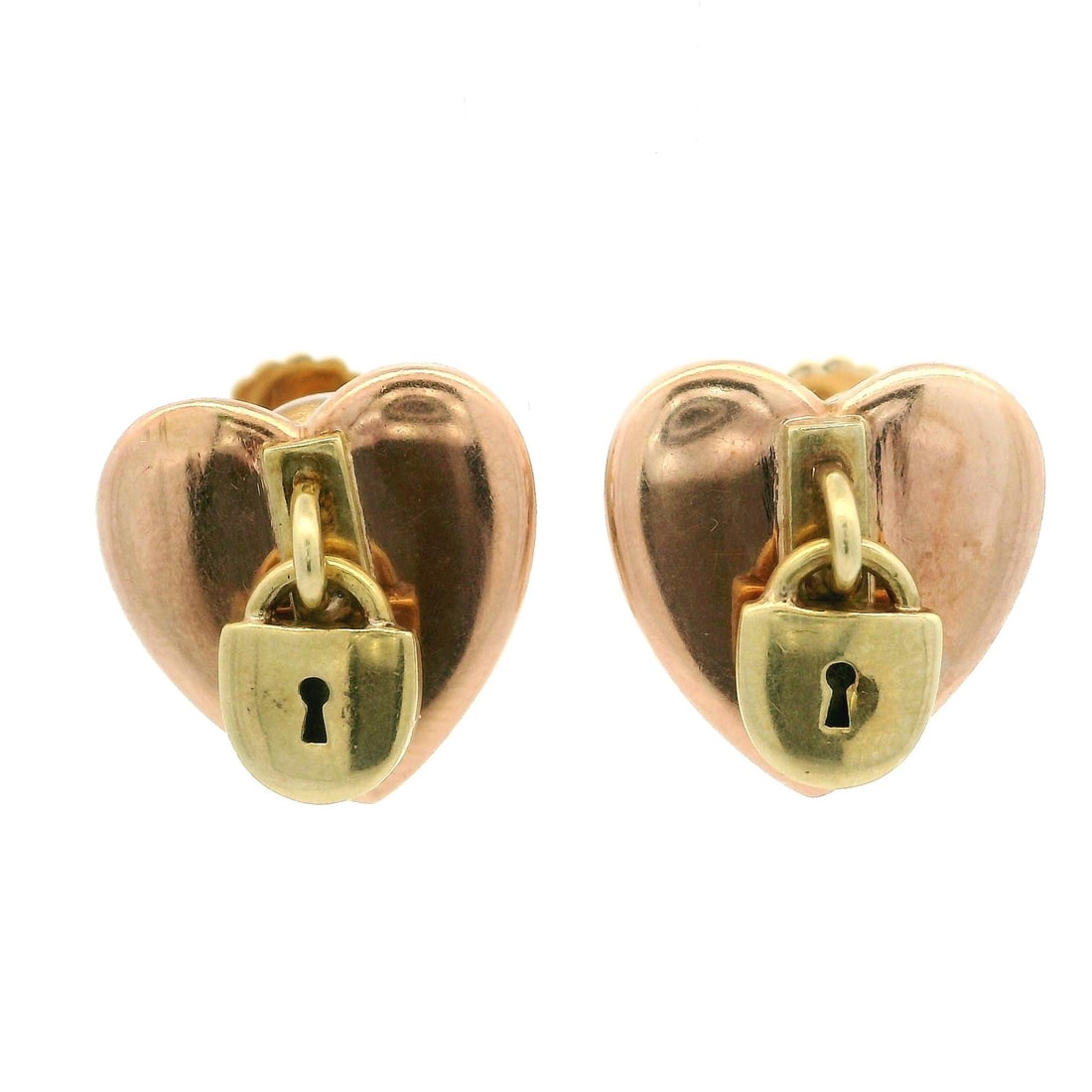 Vintage 14k Rose Yellow Gold Heart Padlock Screw Earrings: Vintage 14k Rose Yellow Gold Heart Padlock Screw Earrings These Vintage Retro earrings feature a unique heart padlock design, crafted from solid 14k rose gold and yellow gold. The earrings weigh 6.27 