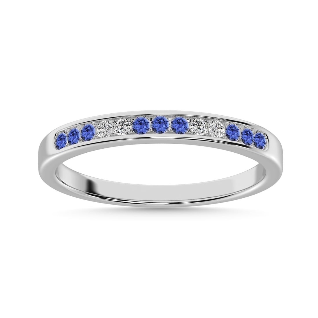 Tanzainte and Alternate Diamond 1/4 Ct.Tw. Ladies Machine Band in 14K White Gold: Tanzainte and Alternate Diamond 1/4 Ct.Tw. Ladies Machine Band in 14K White Gold 14k White Gold Stone Color: G-h Stone Clarity: Si2 Each ring is presented in standard size 6.5. Complimentary resizing 