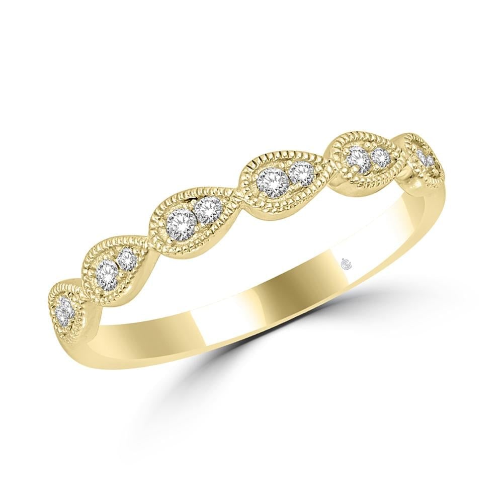 14K Yellow Gold 1/8 Ct.Tw. Diamond Stackable Band: 14K Yellow Gold 1/8 Ct.Tw. Diamond Stackable Band This Glamorous Stackable Band Fashioned In Cool 14K Yellow Gold And Outline With Milgrain Frame. Captivating With 1/8 Ct. T.W. Of Diamonds And A Brill